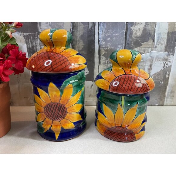 Mexican Blue Talavera Pottery Canister Set of 2 Sunflower w/ Lids - Picture 3 of 16
